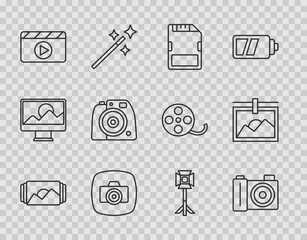 Set line Photo frame, camera, SD card, Movie clapper, Studio light bulb in softbox and icon. Vector