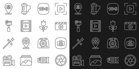 Set line Camera shutter, Photo camera, Movie clapper, frame 16, film roll cartridge, Action extreme, and mode macro icon. Vector