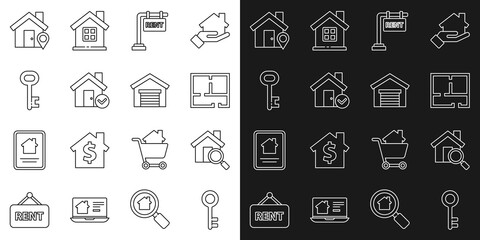 Set line House key, Search house, plan, Hanging sign with Rent, check mark, Location and Garage icon. Vector