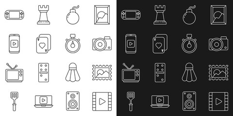 Set line Play Video, Postal stamp, Photo camera, Bomb ready explode, Playing cards, Online play video, Portable game console and Stopwatch icon. Vector