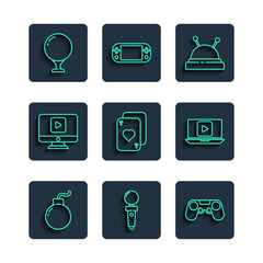 Set line Bomb ready to explode, Joystick for arcade machine, Gamepad, Needle bed and needles, Playing cards, Online play video, Golf ball on tee and icon. Vector