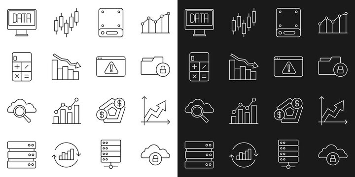 Set line Cloud computing lock, Financial growth, Folder and, Server, decrease, Calculator, Data analysis and Browser with exclamation mark icon. Vector