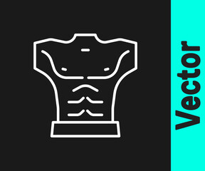 White line Bodybuilder showing his muscles icon isolated on black background. Fit fitness strength health hobby concept. Vector
