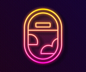 Glowing neon line Airplane window icon isolated on black background. Aircraft porthole. Vector