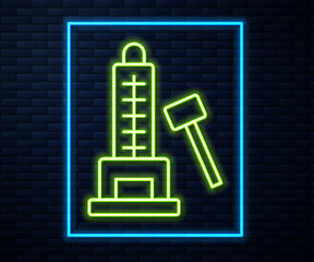 Glowing neon line High striker attraction with big hammer icon isolated on brick wall background. Attraction for measuring strength. Amusement park. Vector