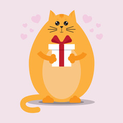 Funny fat cat in love with a gift in a flat style on a pink background with hearts