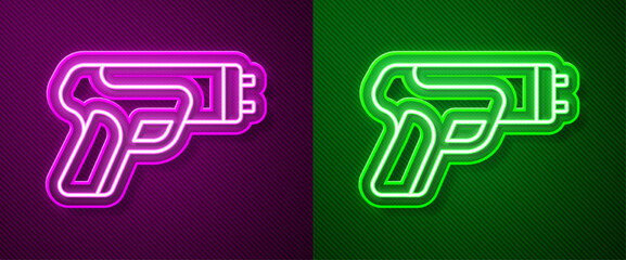 Glowing neon line Police electric shocker icon isolated on purple and green background. Shocker for protection. Taser is an electric weapon. Vector