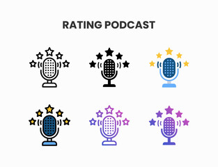 Rating Podcast icon set with line, outline, glyph, filled line, flat color, line gradient and flat gradient. Can be used for digital product, presentation, print design and more.