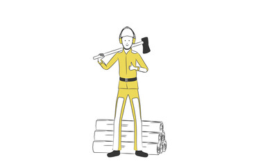 丸太の前で斧を担ぐ男性のシンプルなイラスト