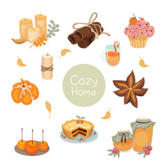 Big set of Hygge icons. Warm and cozy hand drawn vector illustration in scandinavian style. Autumn elements for greeting cards, posters, stickers and seasonal design.