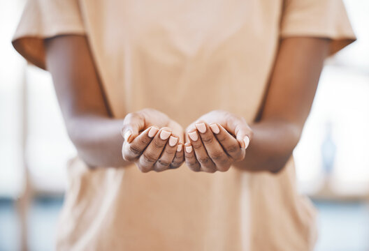 Black Woman With Hands Out For Charity, Donation Or Help With Kindness Or Respect. Palms Open To Ask, Give Or Receive Hope Or Support In Poverty, Hunger Or Helping With Empowerment For Women In Need