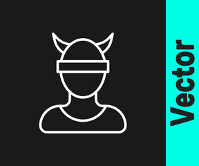 White line Viking head icon isolated on black background. Vector