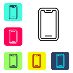 Black line Smartphone, mobile phone icon isolated on white background. Set icons in color square buttons. Vector
