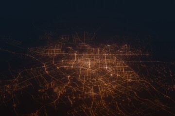 Aerial shot on Changchun (China) at night, view from west. Imitation of satellite view on modern city with street lights and glow effect. 3d render