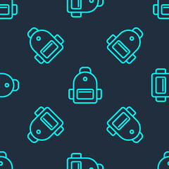 Green line School backpack icon isolated seamless pattern on blue background. Vector