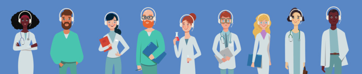 Fototapeta premium Call center staff doctor and provide services to customers via headphones and microphone cable. Vector illsutration Medical concept isolated on blue background. Professional recommendation icons set.