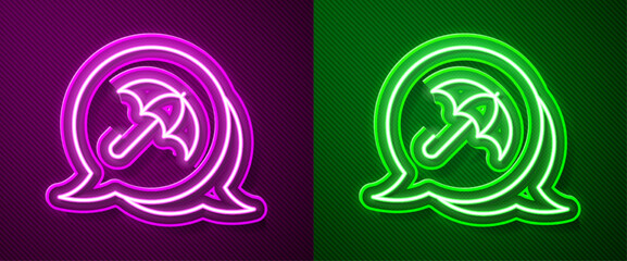 Glowing neon line Umbrella icon isolated on purple and green background. Insurance concept. Waterproof icon. Protection, safety, security concept. Vector