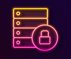 Glowing neon line Server security with closed padlock icon isolated on black background. Database and lock. Security, safety, protection concept. Vector