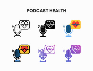 Healthcare Podcast icon set with line, outline, glyph, filled line, flat color, line gradient and flat gradient. Can be used for digital product, presentation, print design and more.