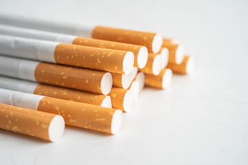 Cigarette, tobacco in roll paper with filter tube isolated on white background, No smoking concept.