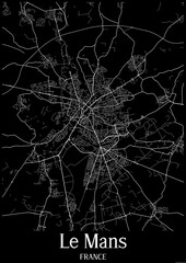 Black and White city map poster of Le Mans France.
