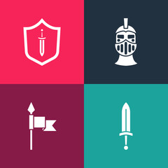 Set pop art Medieval sword, spear, iron helmet and shield with icon. Vector