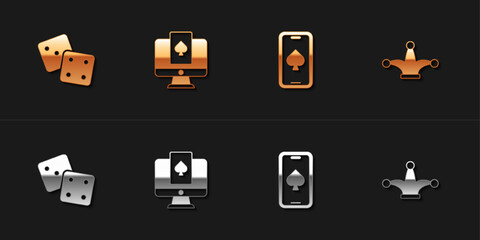 Set Game dice, Online poker table game, and Joker playing card icon. Vector