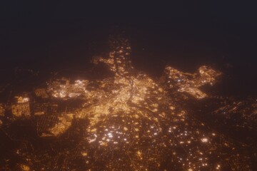 Aerial shot of Cairo (Egypt) at night, view from north. Imitation of satellite view on modern city with street lights and glow effect. 3d render