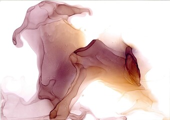 Abstract translucent cloud of magical illuminating smoke. Delicate festive background or trendy wallpaper in fluid art tech. Isolated curved spot similar to a strange stylized animal with large horns.