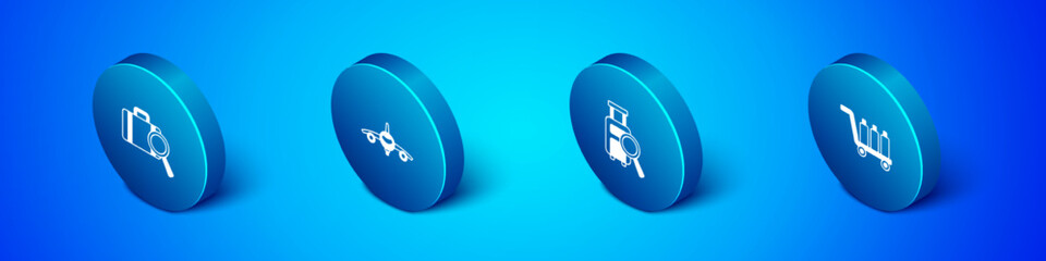 Set Isometric Lost baggage, , Trolley and Plane icon. Vector