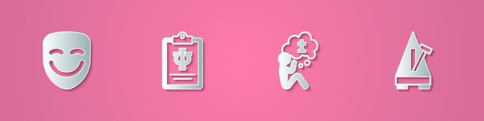 Set paper cut Comedy theatrical mask, Psychology, Psi, Man graves funeral sorrow and Metronome with pendulum icon. Paper art style. Vector