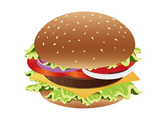 Burger vector on transparent background, cutlet, cheese, tomato and lettuce. realistic style vector illustration