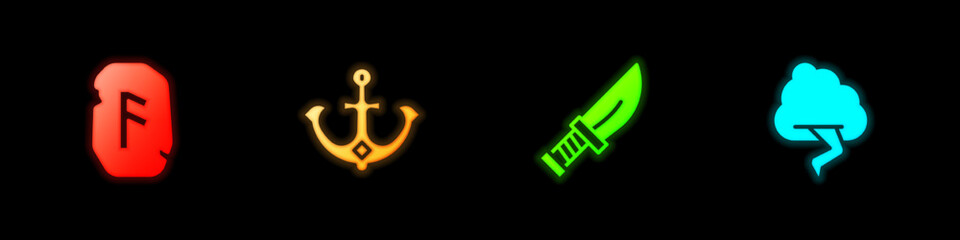 Set Magic rune, Anchor, Dagger and Cloud and lightning icon. Vector