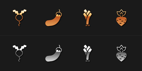 Set Radish, Eggplant, Leek and Turnip icon. Vector