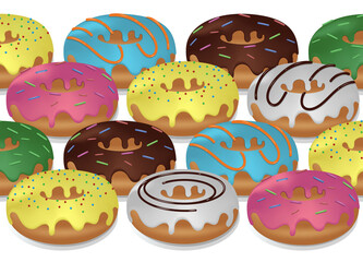 Set of sweet colourful donuts. seamless doughnuts collection glaze with many decorative sprinkles on pink background. realistic style vector illustration