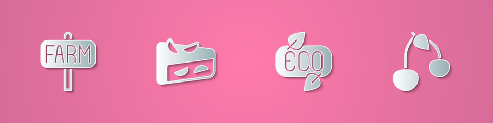 Set paper cut Location farm, Homemade fruit pie, Leaf Eco symbol and Cherry icon. Paper art style. Vector