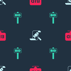Set Bid, Auction hammer and Hand holding auction paddle on seamless pattern. Vector