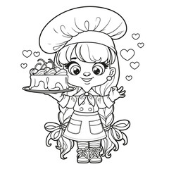 Cute cartoon long haired girl chef with a cake on platter shows ok outlined  for coloring page on white background