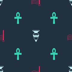 Set Flag Of Egypt, Egyptian vase and Cross ankh on seamless pattern. Vector