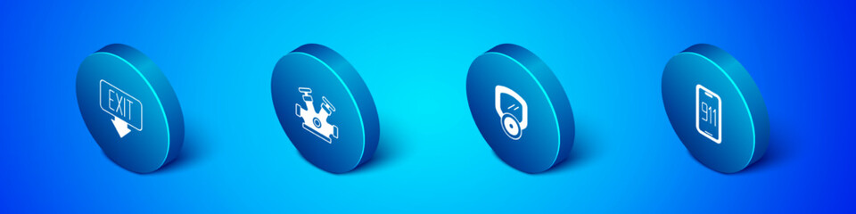 Set Isometric Fire exit, Gas mask, Mobile emergency call 911 and hydrant icon. Vector