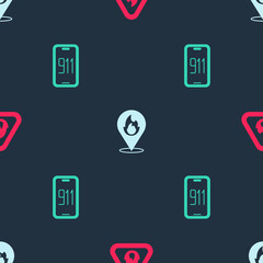 Set Fire flame in triangle, Location with fire and Mobile emergency call 911 on seamless pattern. Vector