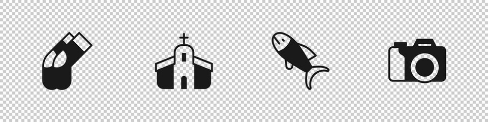 Set Socks, Church building, Fish and Photo camera icon. Vector