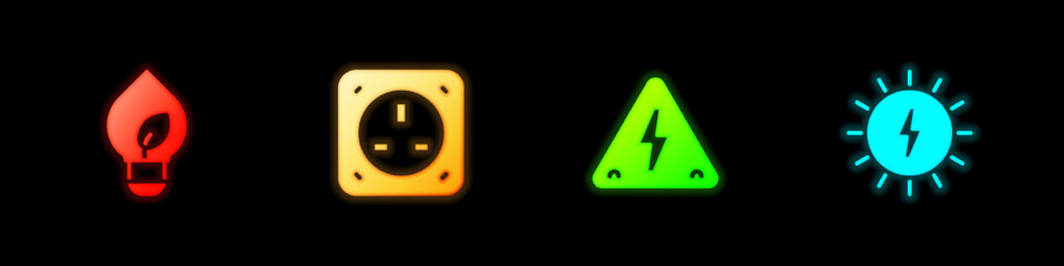 Set Light bulb with leaf, Electrical outlet, High voltage and Solar energy panel icon. Vector