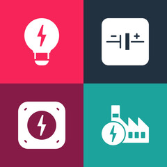 Set pop art Nuclear power plant, Lightning bolt, DC voltage source and Creative lamp light idea icon. Vector