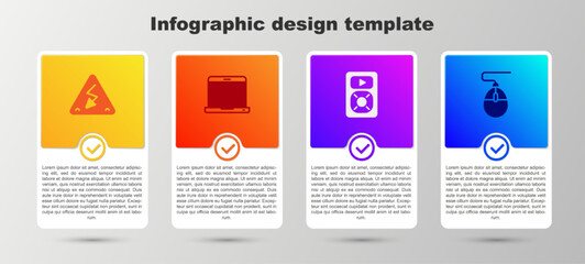 Set High voltage, Laptop, Music player and Computer mouse. Business infographic template. Vector