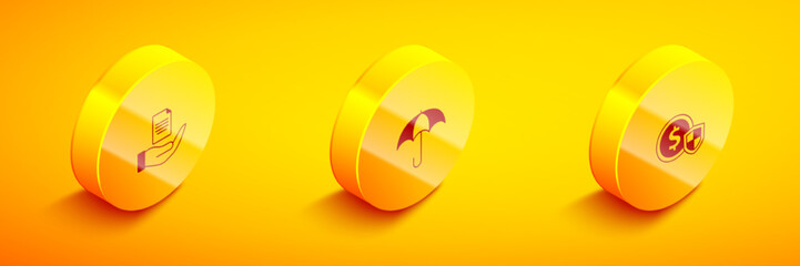Set Isometric Contract in hand, Umbrella and Money with shield icon. Vector
