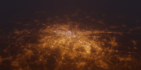 Street lights map of Sofia (Bulgaria) with tilt-shift effect, view from south. Imitation of macro shot with blurred background. 3d render, selective focus
