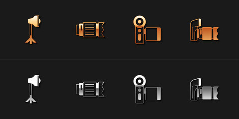 Set Studio light bulb in softbox, Camera photo lens, Cinema camera and Photo icon. Vector