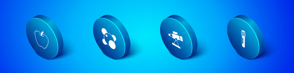 Set Isometric Apple, Telescope, Test tube and Molecule icon. Vector