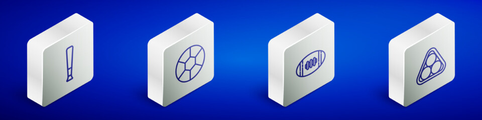 Set Isometric line Baseball bat, Football, American and Billiard balls in rack triangle icon. Vector